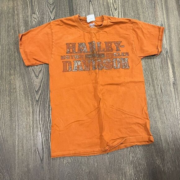Harley Davidson Hanes Graphic Print T-Shirt Short Sleeve Crewneck Orange Size S - Picture 1 of 6